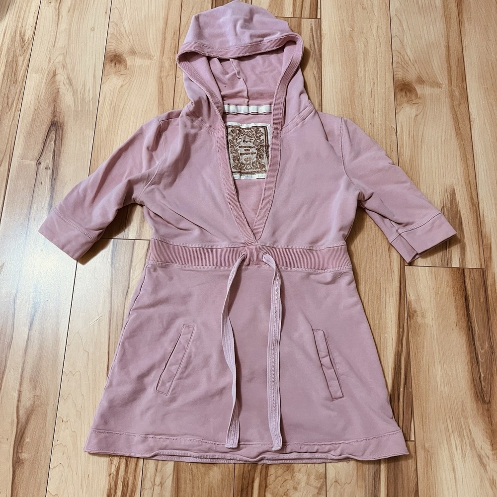 POOF Y2K Babydoll Short Sleeve Hooded Sweatshirt Pink Pockets Sz L Girlhood Core